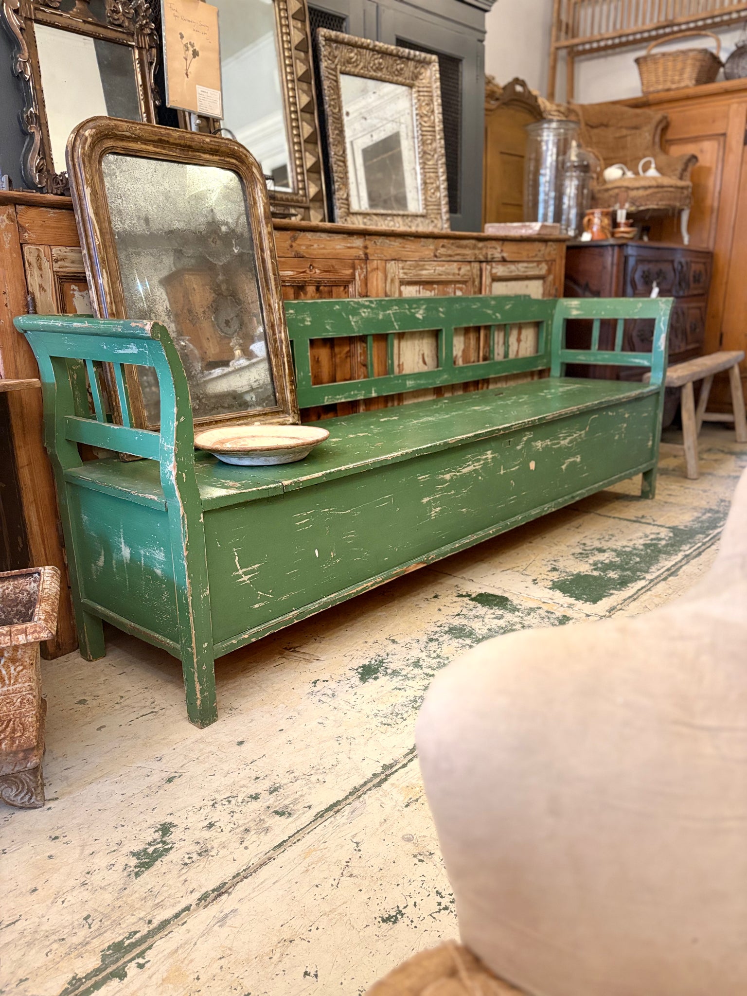 Large painted European pine bench