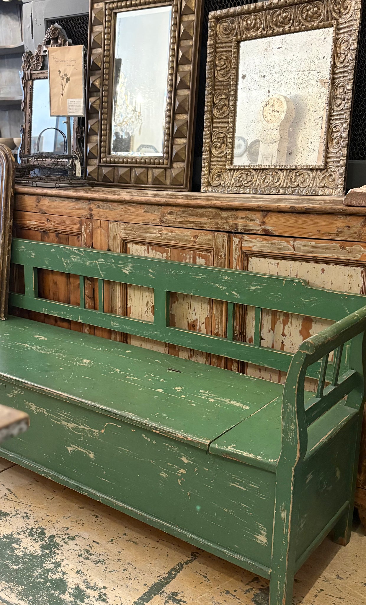 Large painted European pine bench