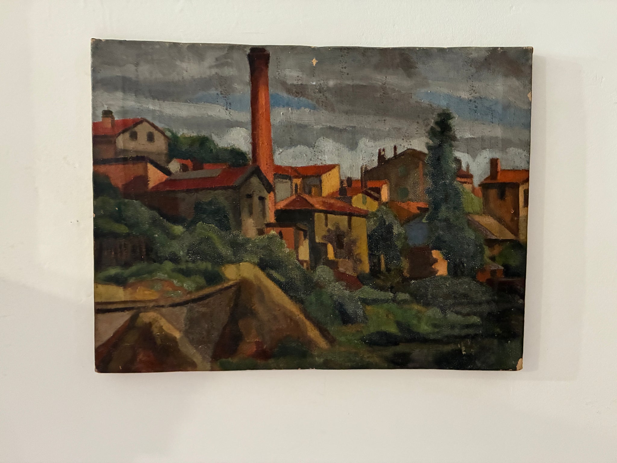 Antique painting of landscape with buildings