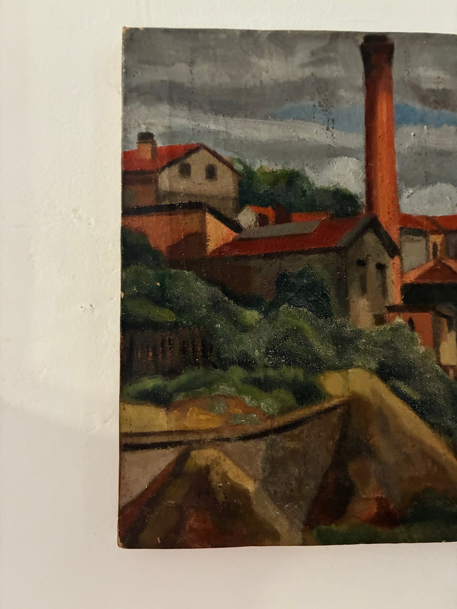 Antique painting of landscape with buildings