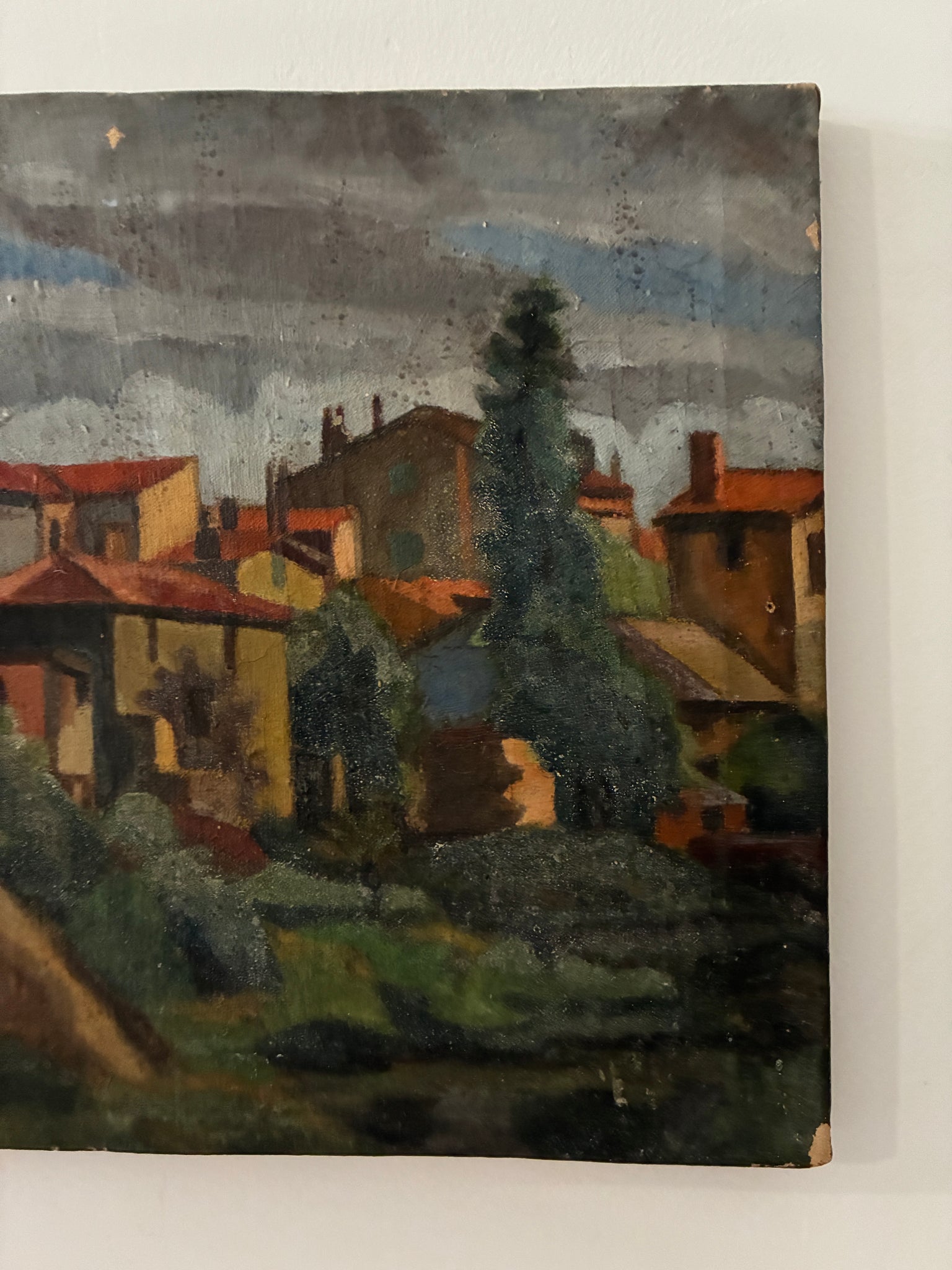 Antique painting of landscape with buildings