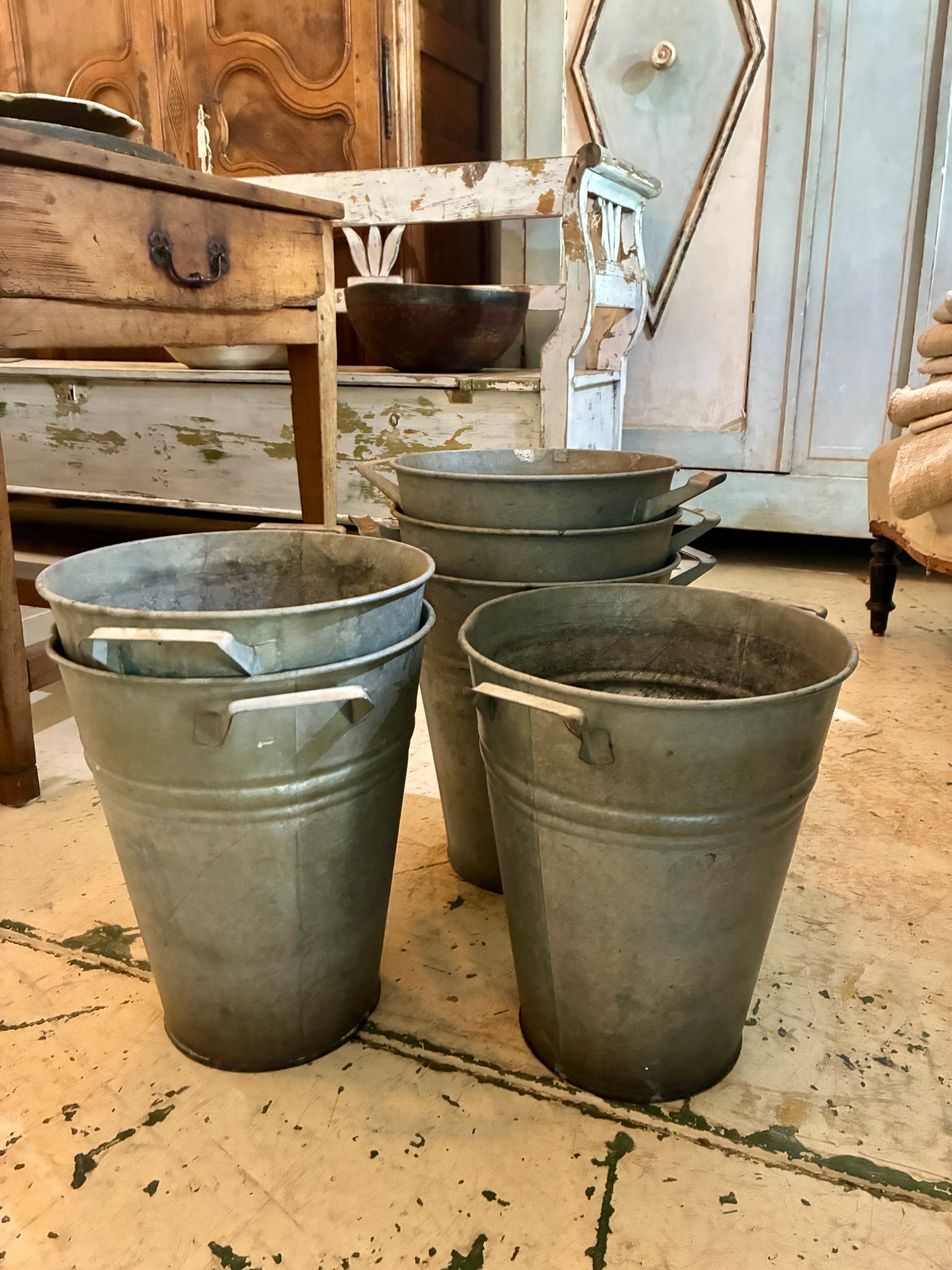 Antique zinc flower buckets