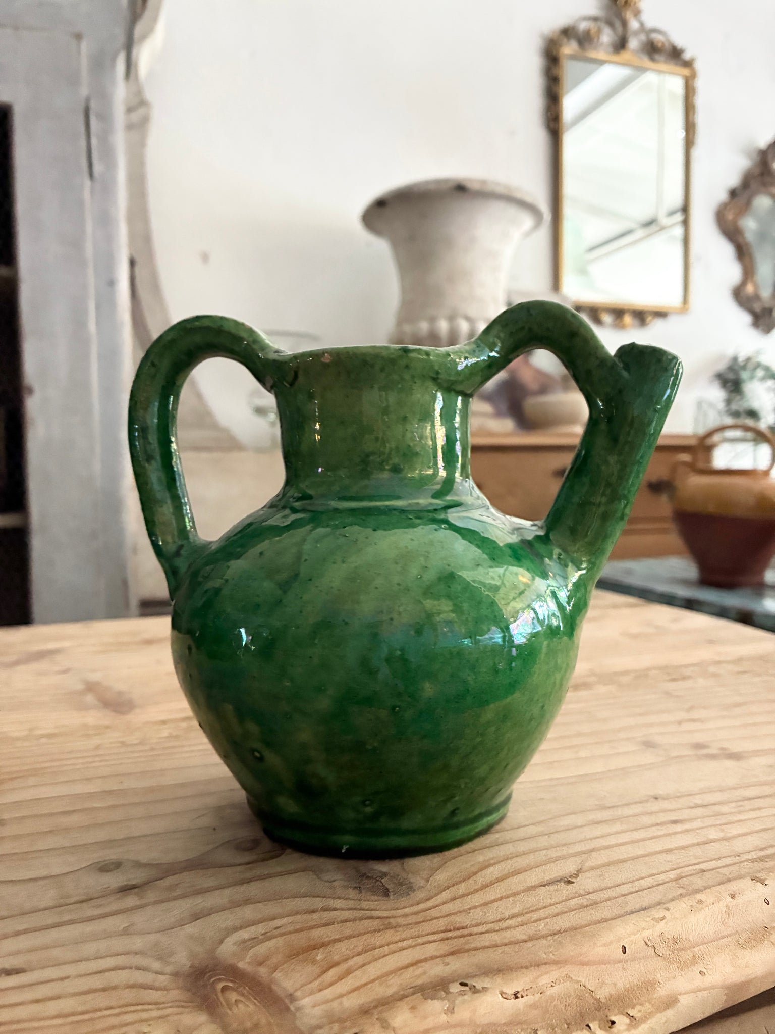 French antique green cruche jug