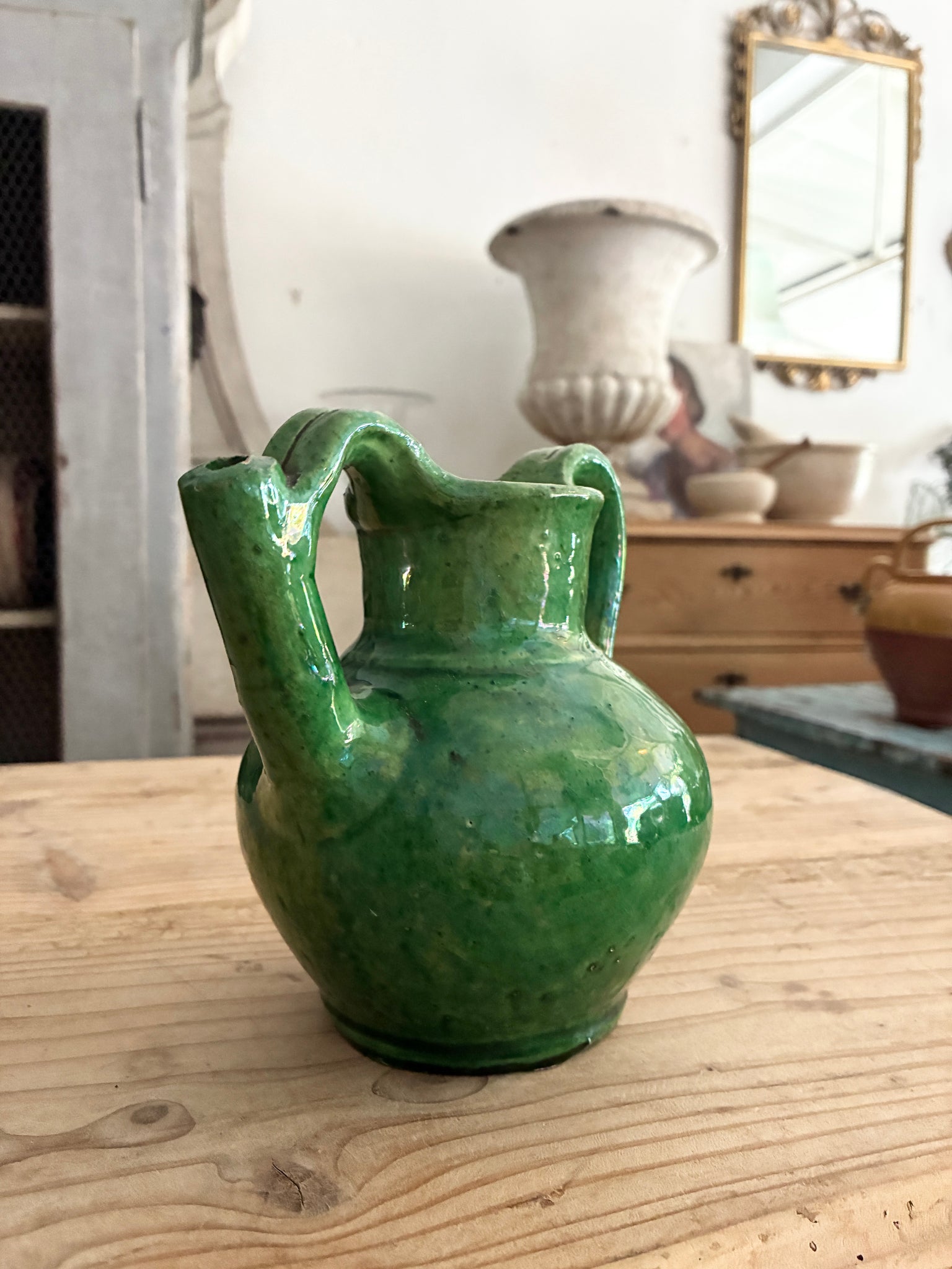 French antique green cruche jug