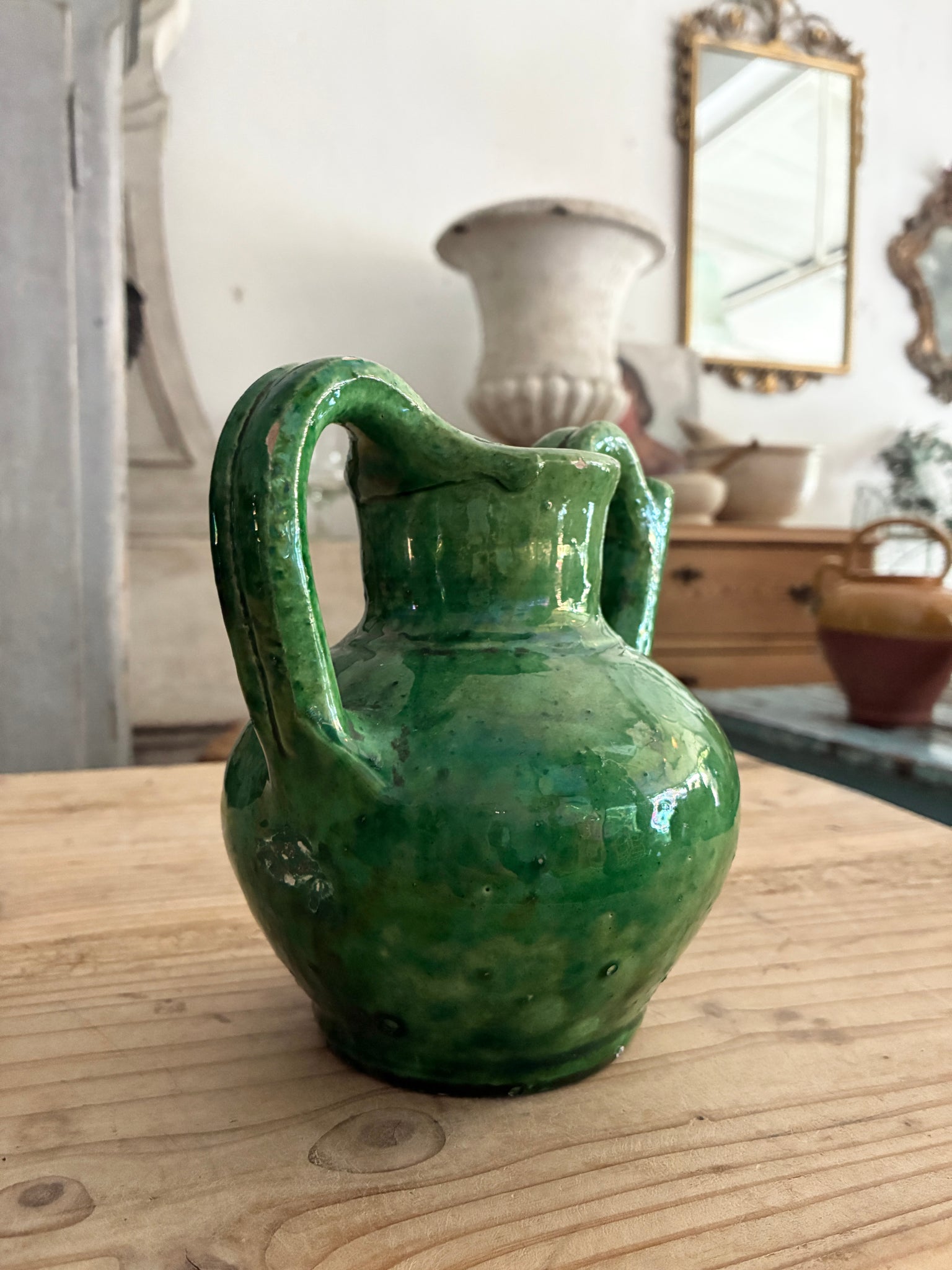 French antique green cruche jug