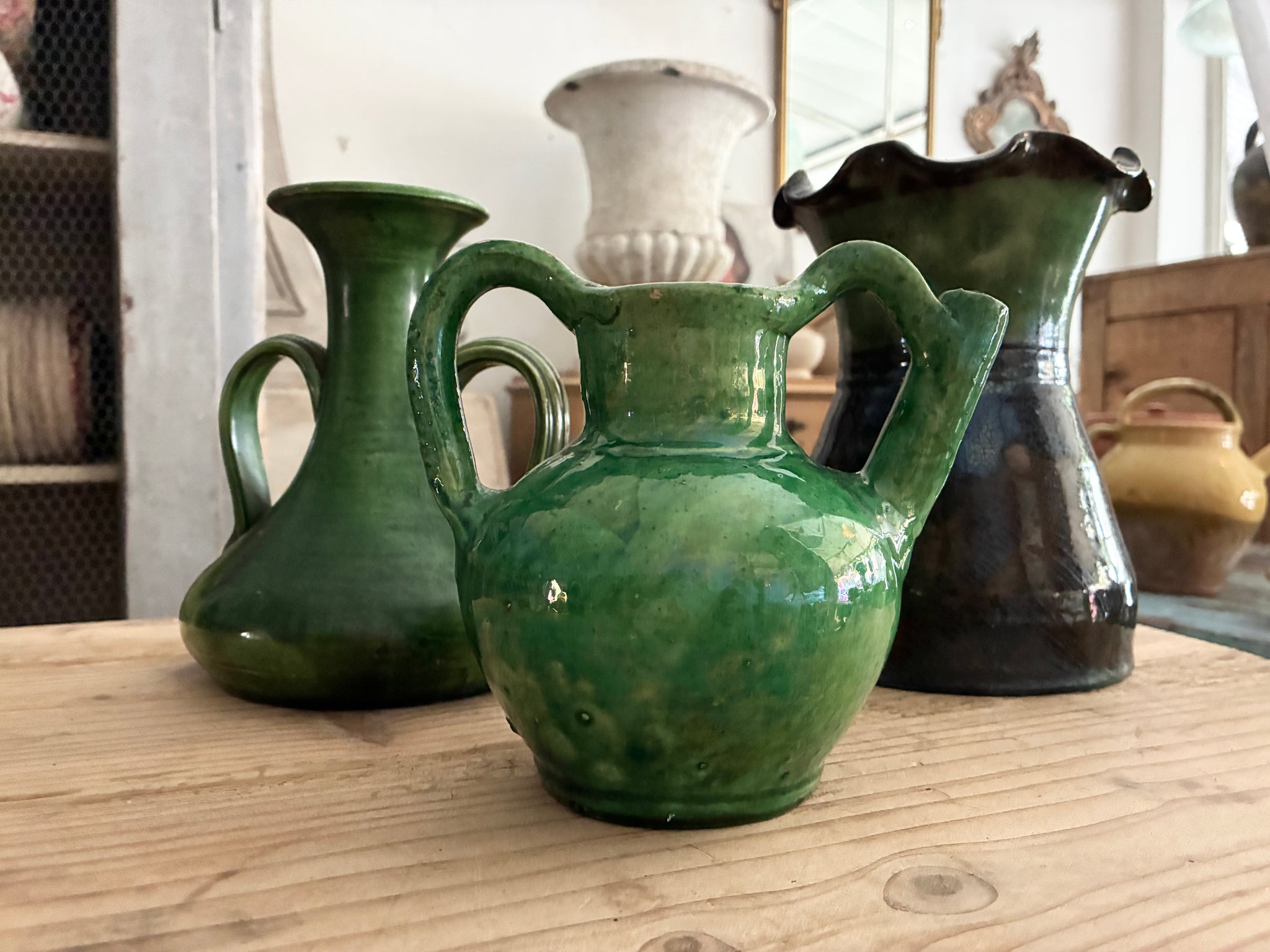 French antique green cruche jug