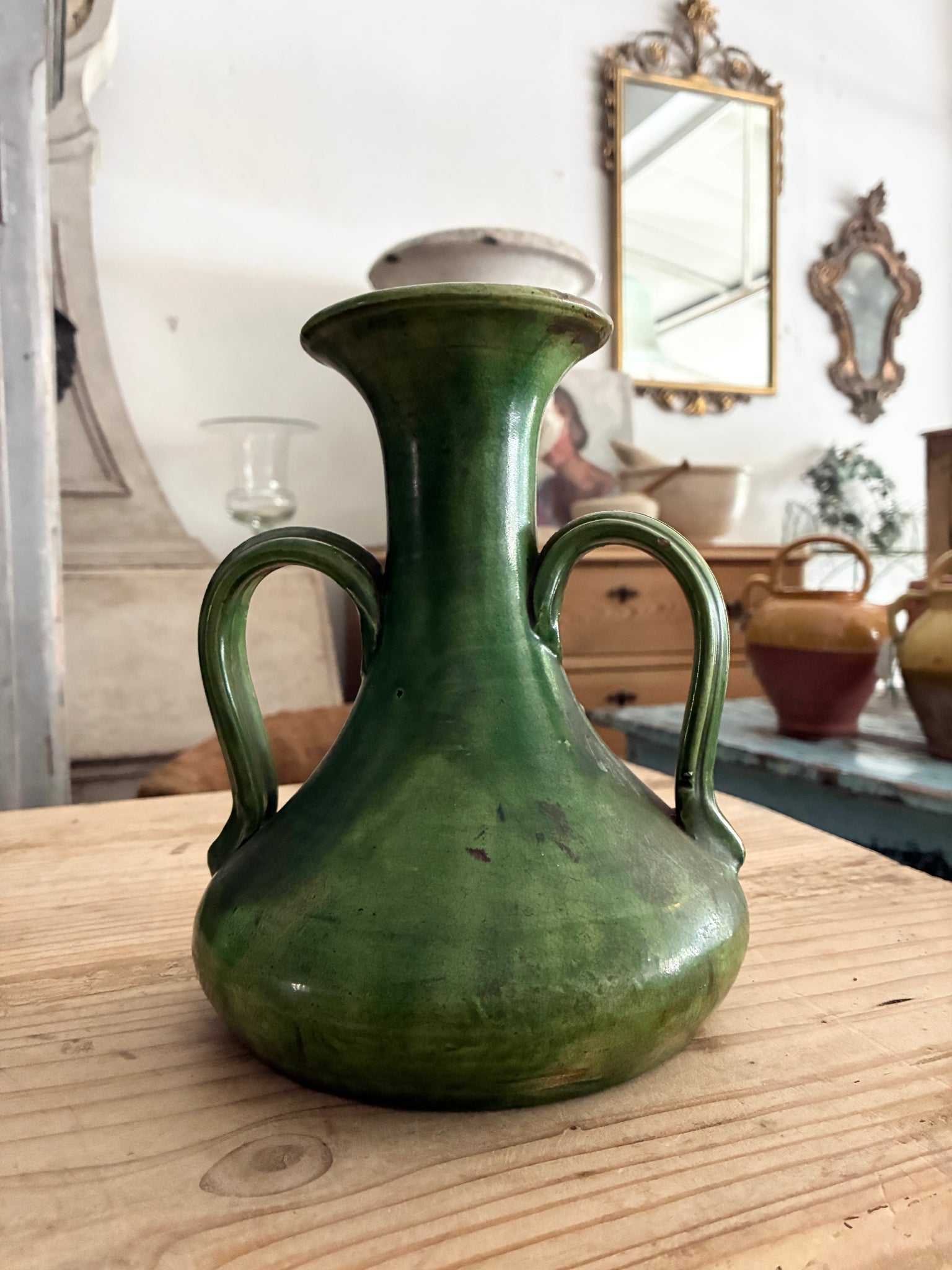 French antique Art Nouveau pottery vase ,gorgeous green glaze