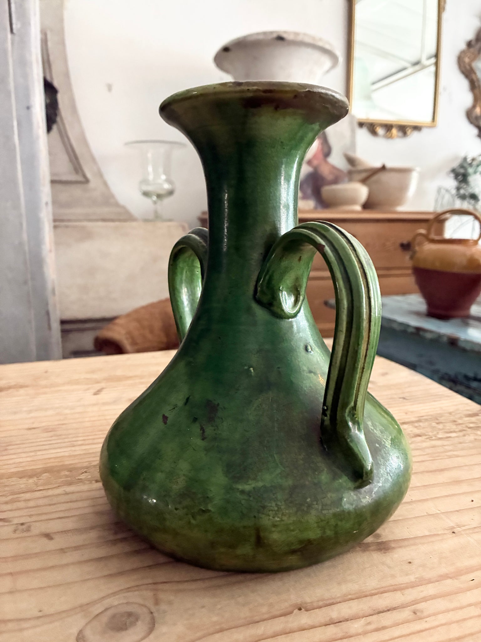 French antique Art Nouveau pottery vase ,gorgeous green glaze