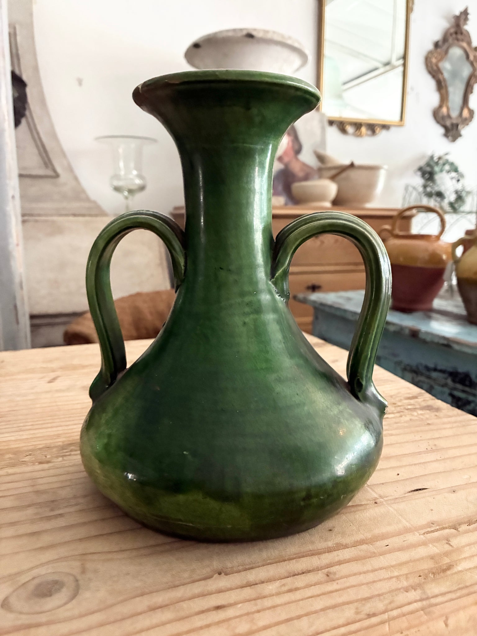 French antique Art Nouveau pottery vase ,gorgeous green glaze