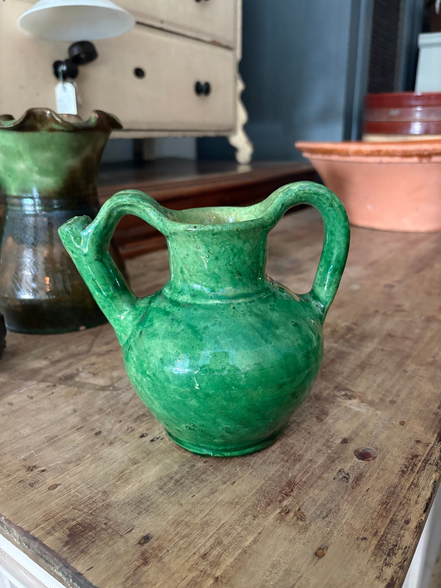 French antique green cruche jug