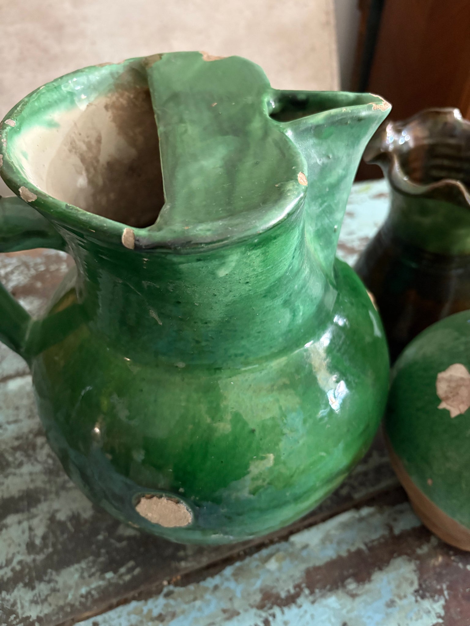 Enormous green glaze jug