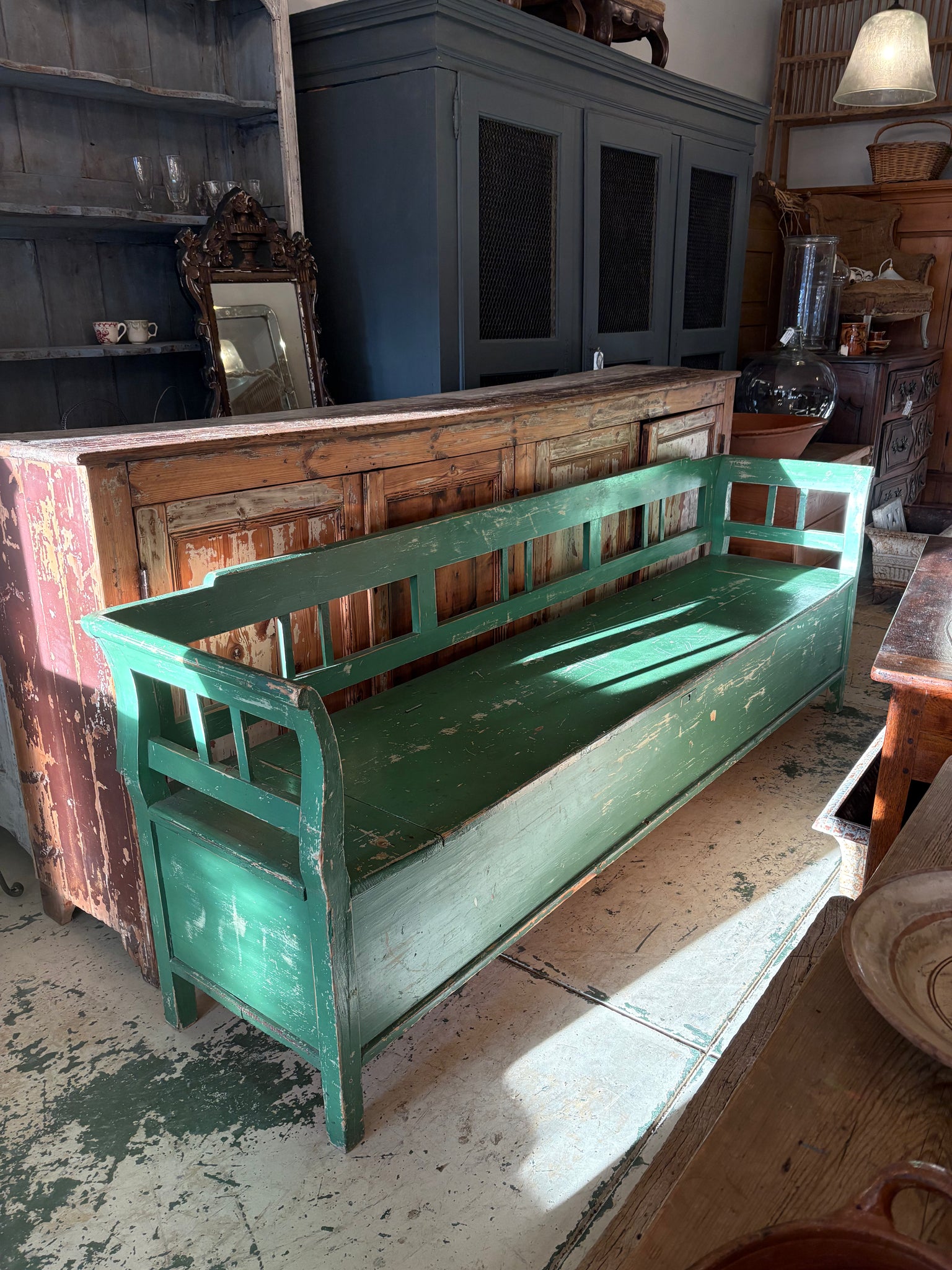 Large painted European pine bench