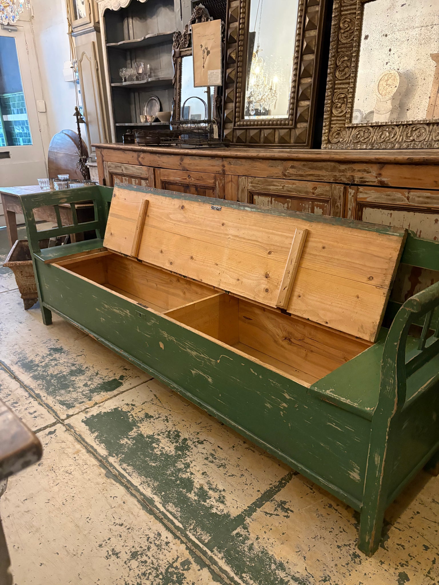 Large painted European pine bench